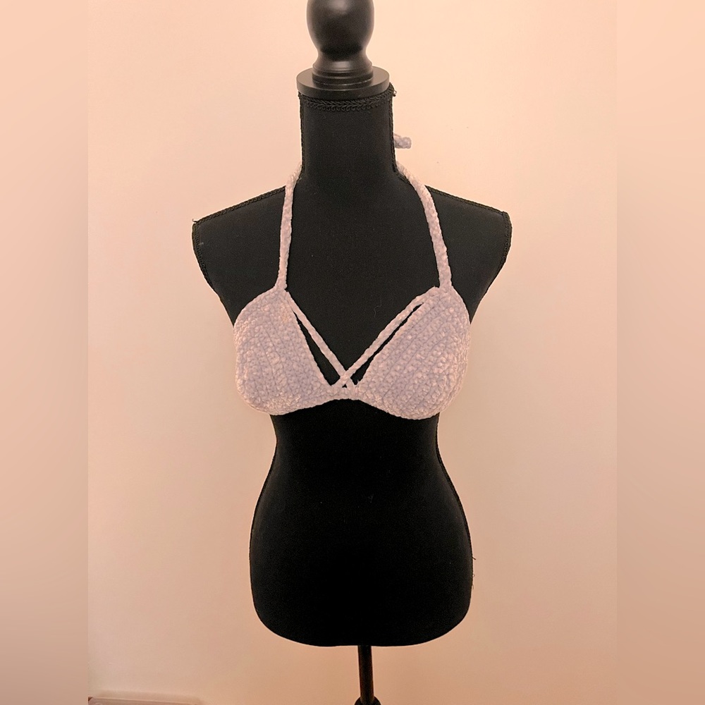 Hand made crocheted bralette with cross design stitch
